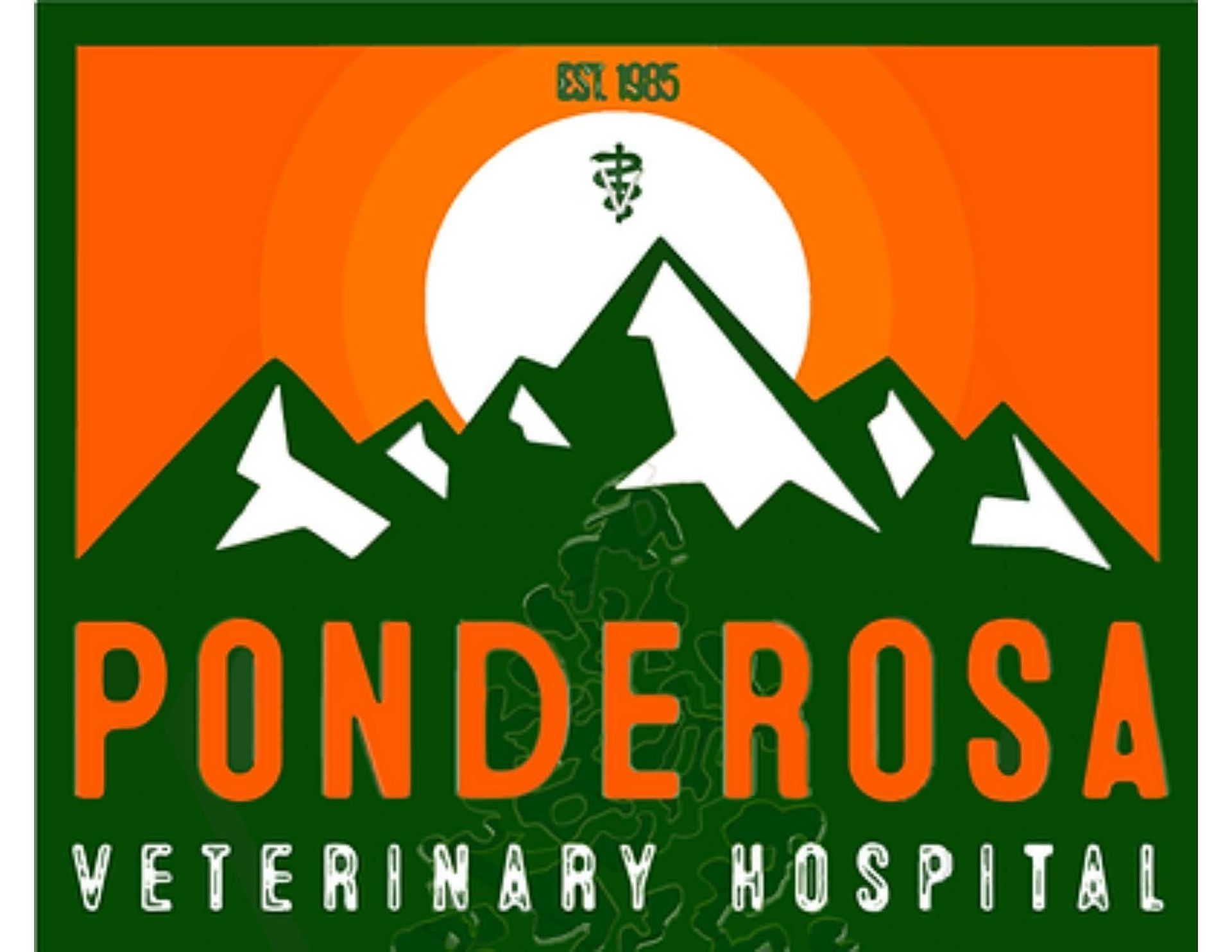Ponderosa Veterinary Hospital logo: green and orange mountains with a sun, text at the bottom.