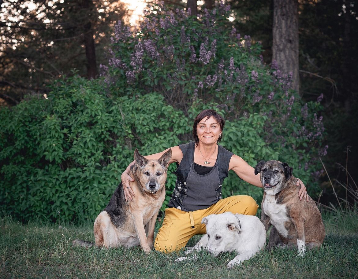 Woman sitting with three dogs in a grassy area with trees and a flowering bush.