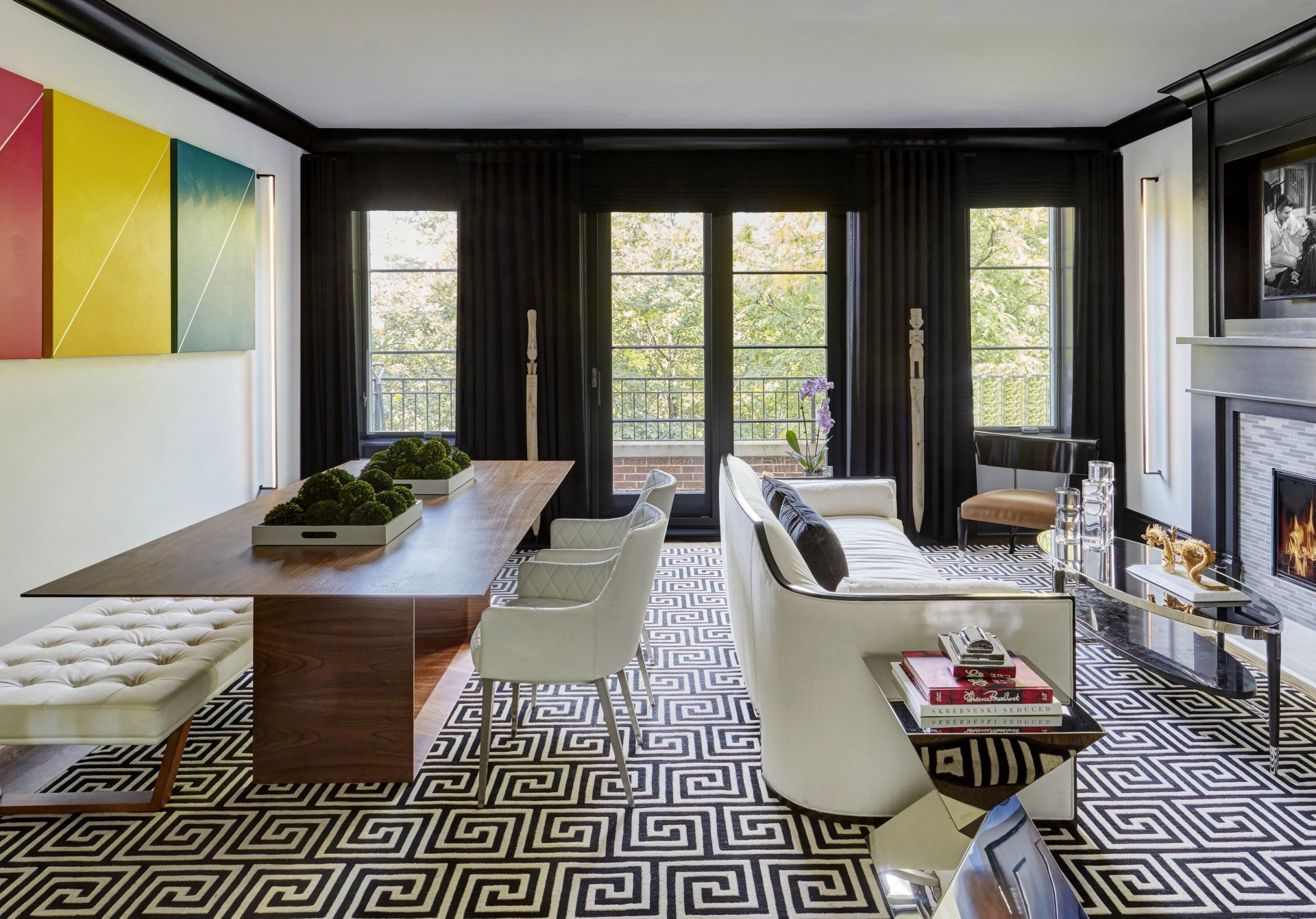 A living room filled with furniture and a fireplace