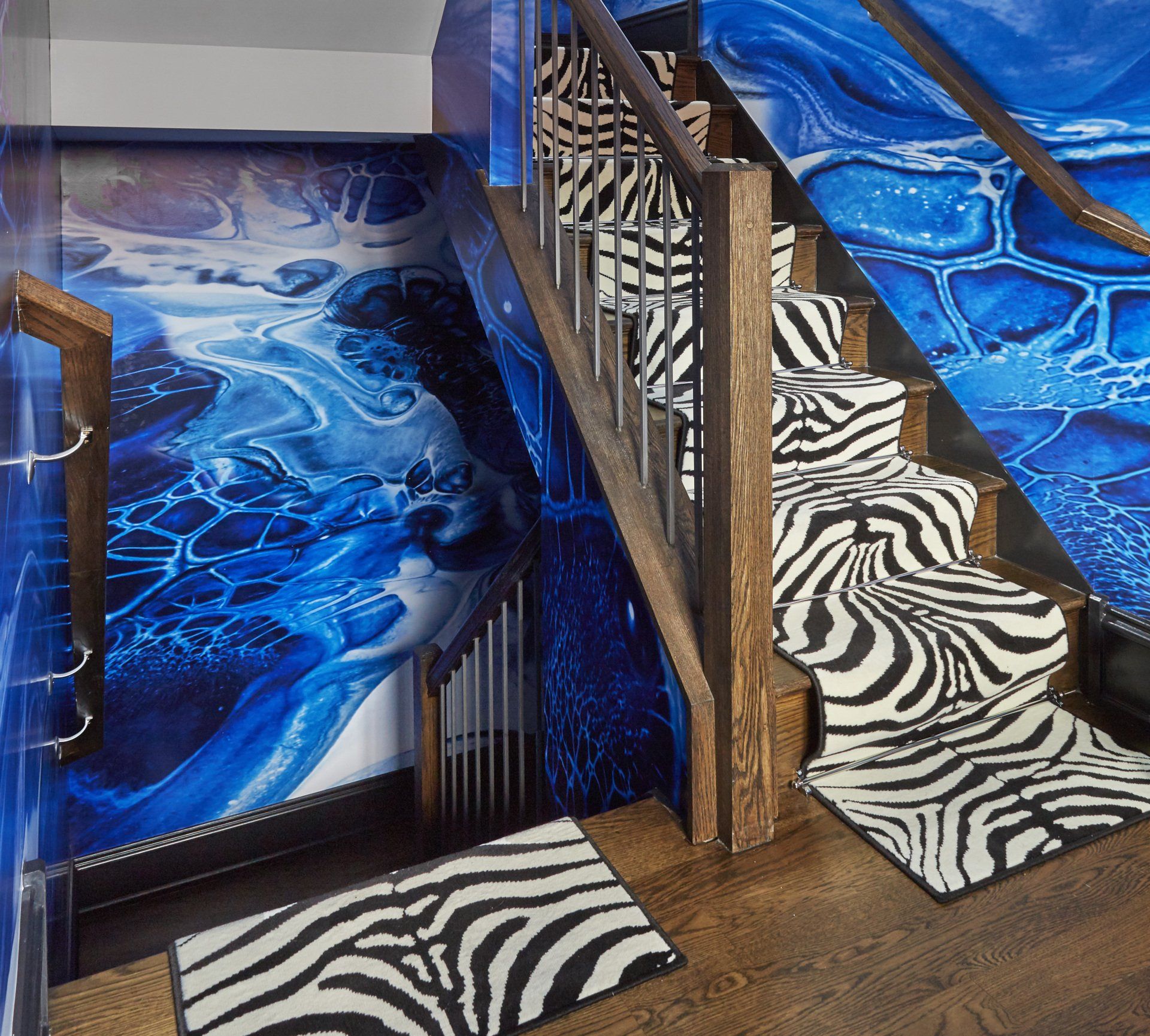 A staircase with a zebra print on the steps