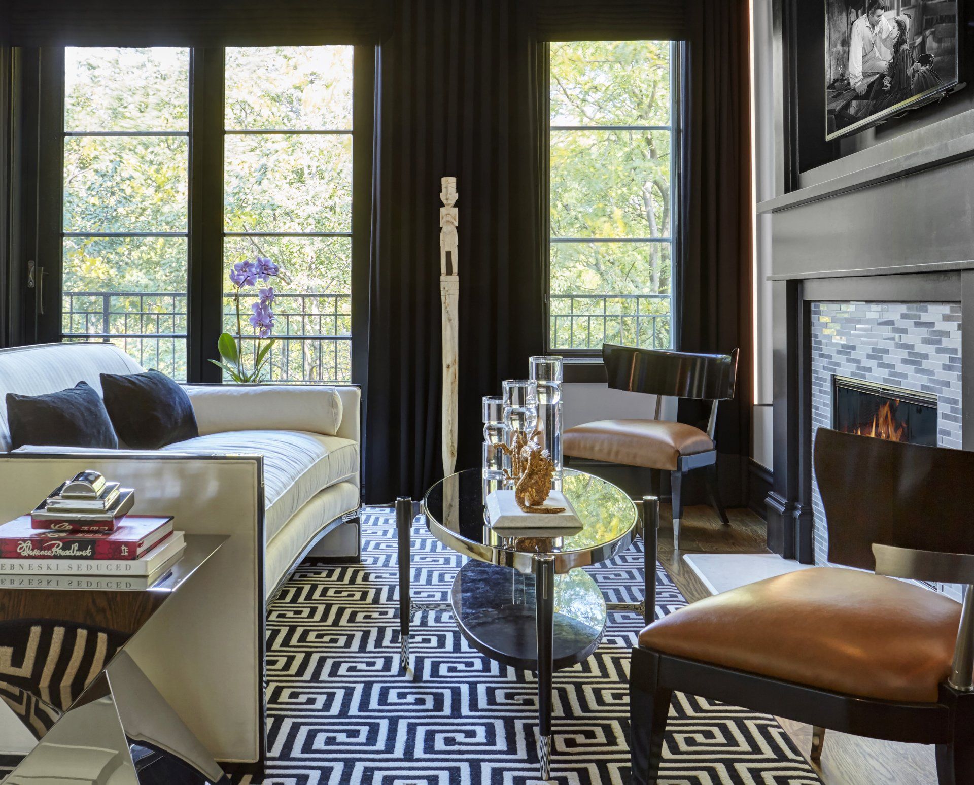 A living room with a fireplace and a couch