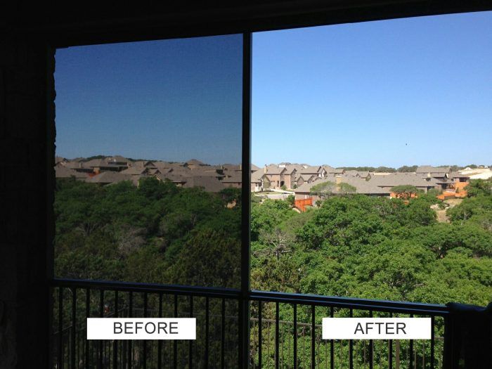 A before and after picture of a balcony with trees in the background