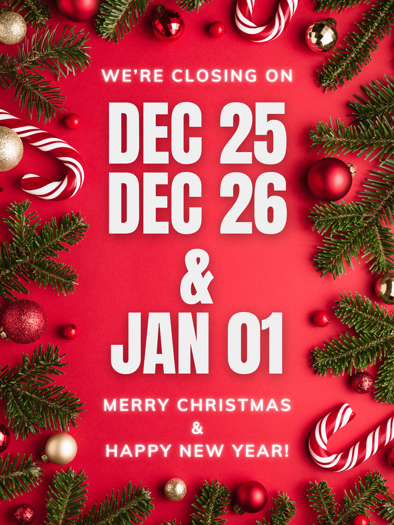 Red Christmas-themed graphic announcing closure on Dec 25, 26, and Jan 01. Wishes for a Merry Christmas and Happy New Year. Red Christmas-themed graphic announcing closure on Dec 25, 26, and Jan 01. Wishes for a Merry Christmas and Happy New Year.