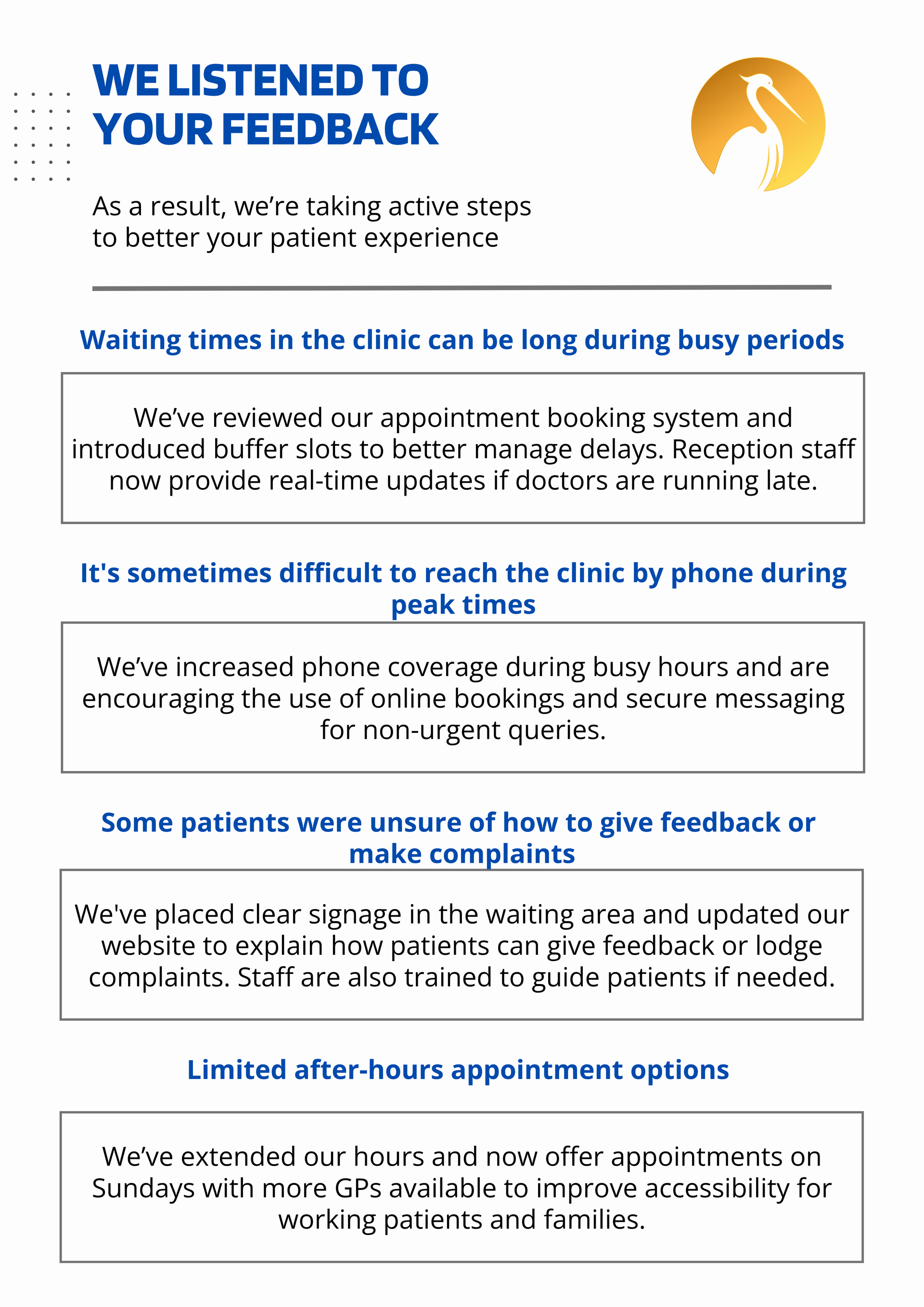 We listened to your feedback as a result, we 're taking action steps to better your patient experience. We listened to your feedback as a result, we 're taking action steps to better your patient experience.