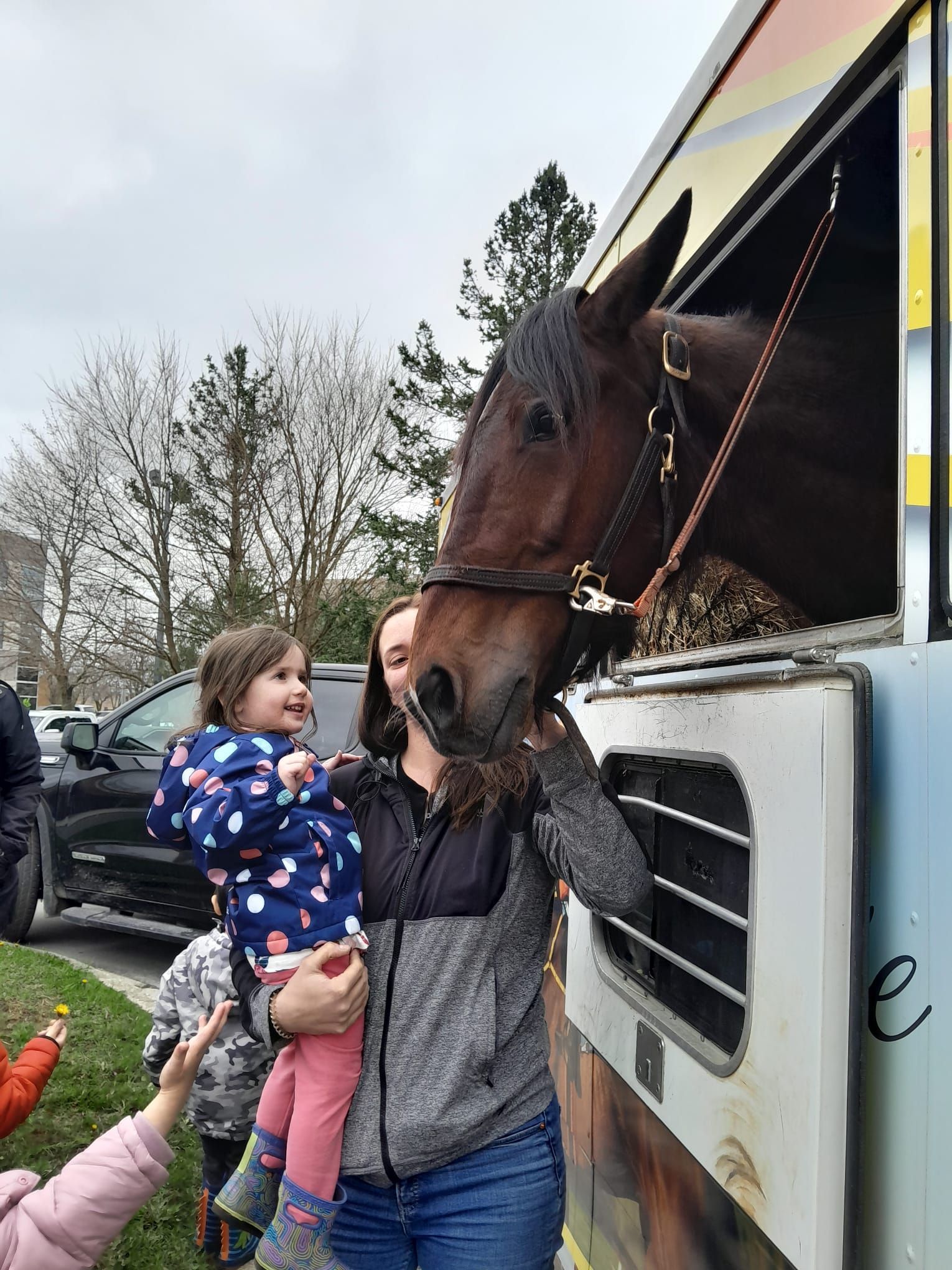 A woman and a little girl are petting a horse in a trailer.