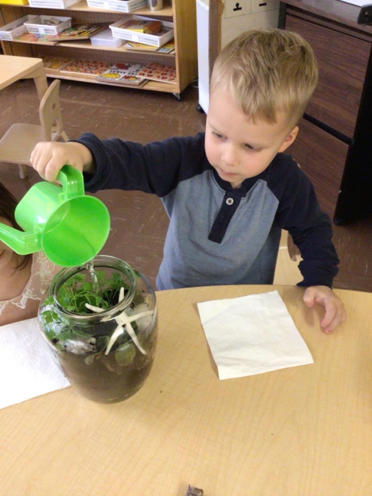 A young boy is watering a jar with a green watering can
