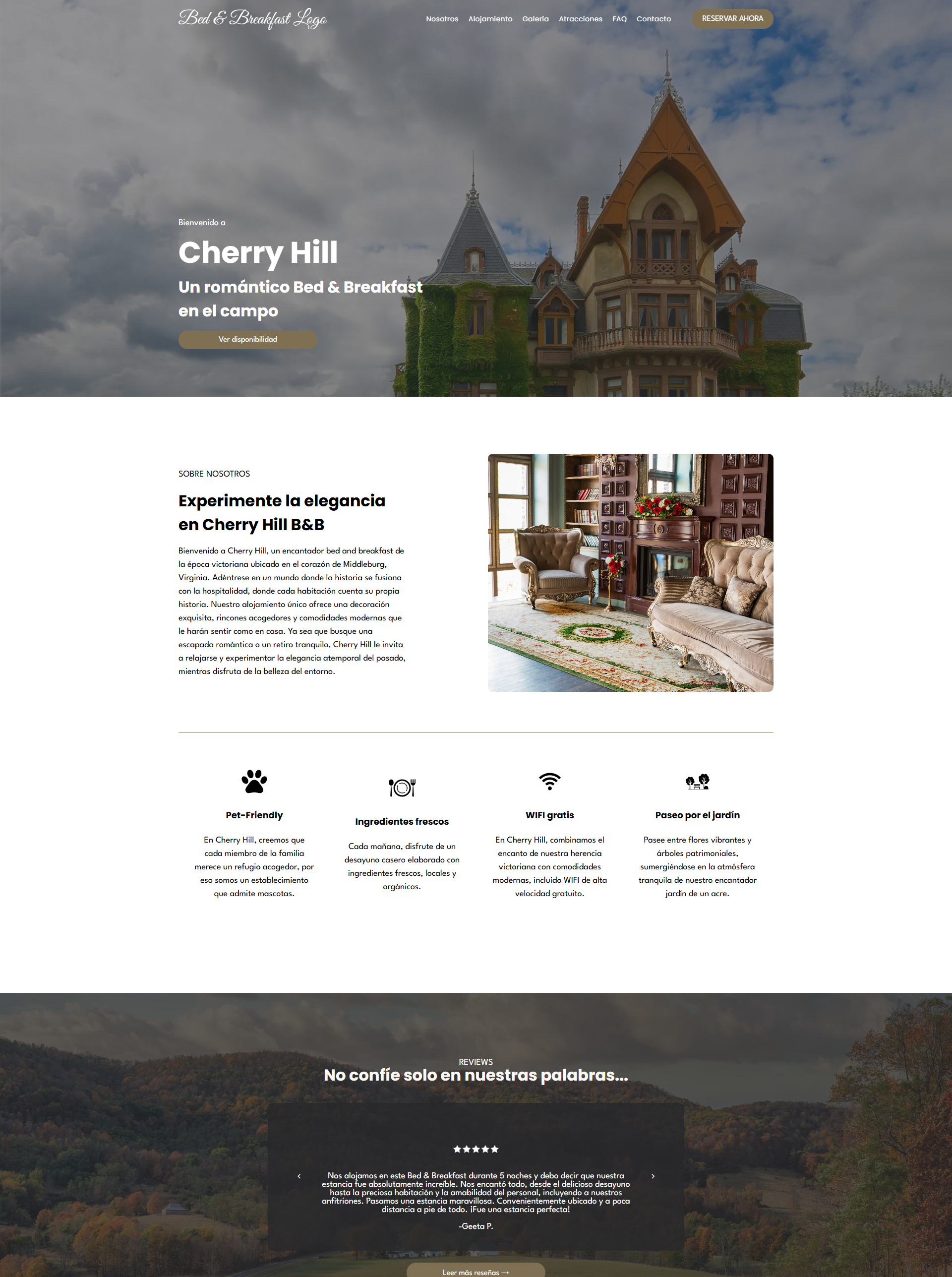 Cherry Hill website homepage: Victorian-style building, promoting a romantic stay in Virginia.