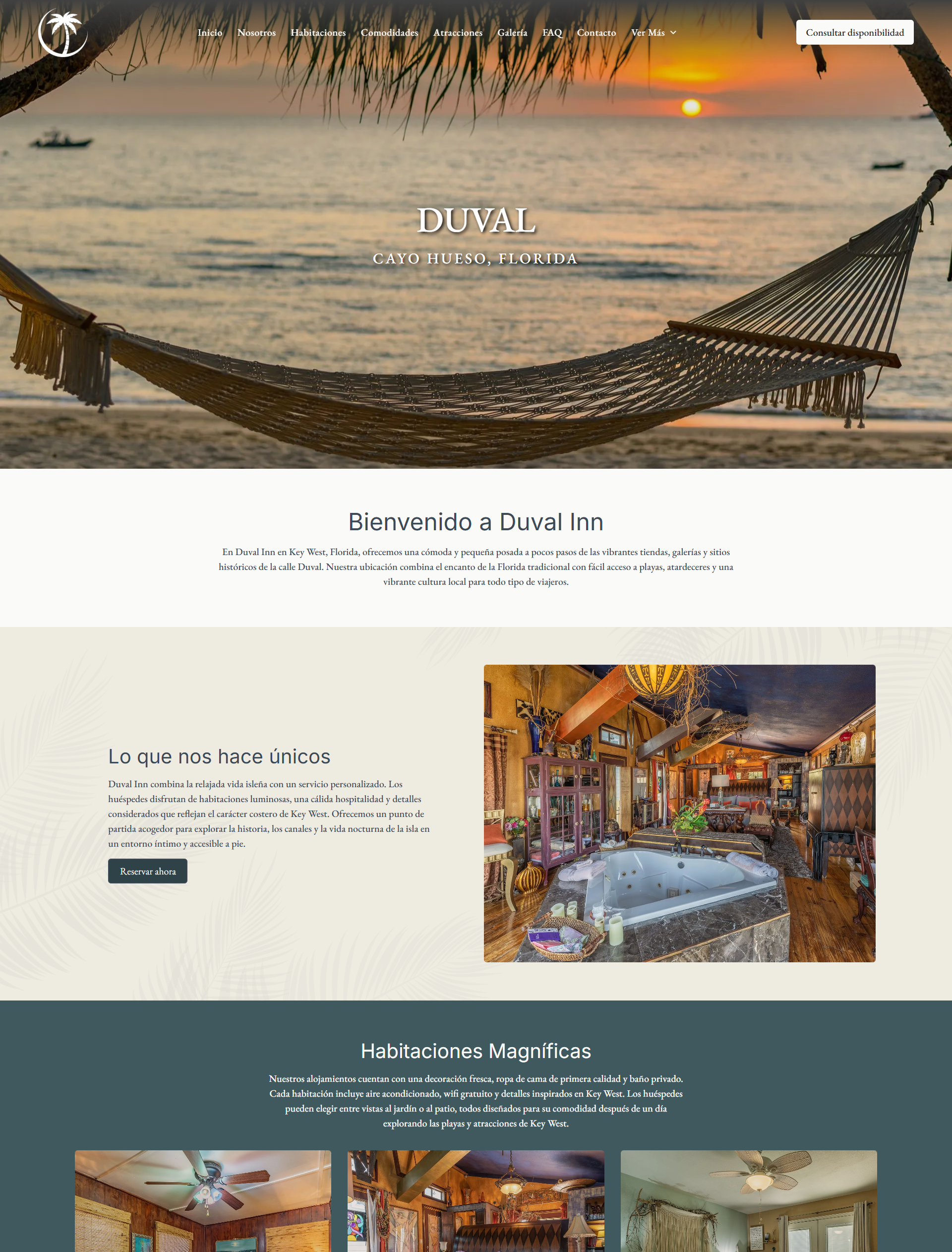 Website homepage with hammock on beach, text: Duval Inn, Welcome text and accommodation images.
