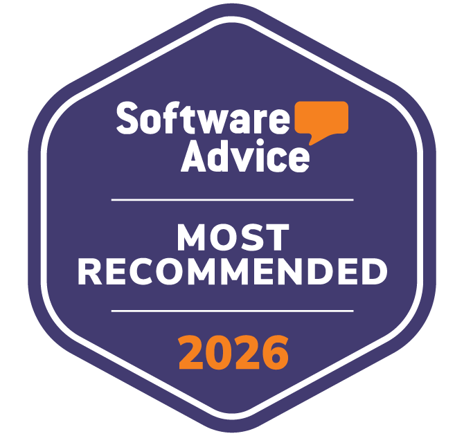 Software Advice Most Recommended badge, purple and white with orange speech bubble, for 2026.
