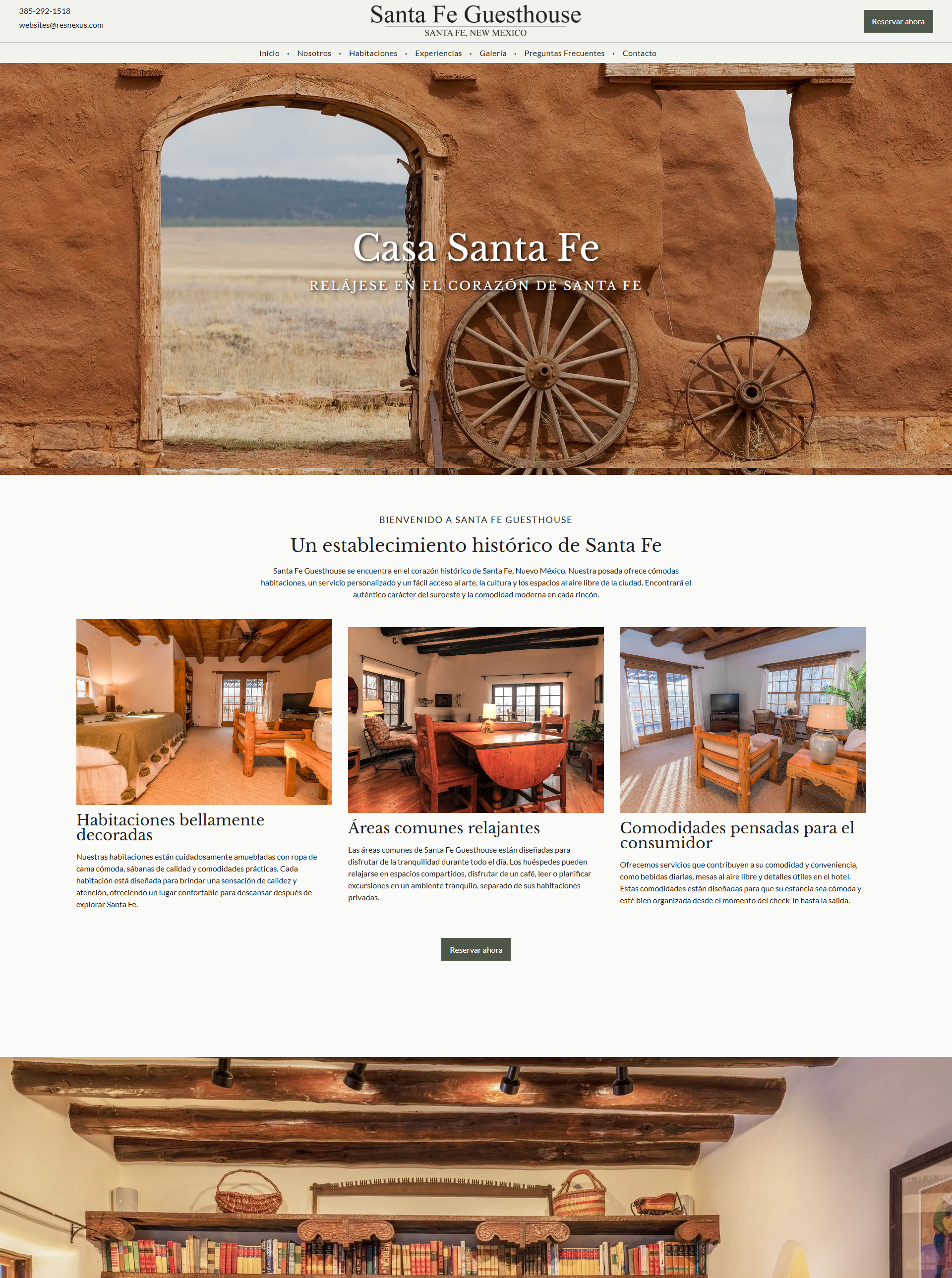 Santa Fe Guesthouse website homepage showcasing rooms with Southwestern design elements.