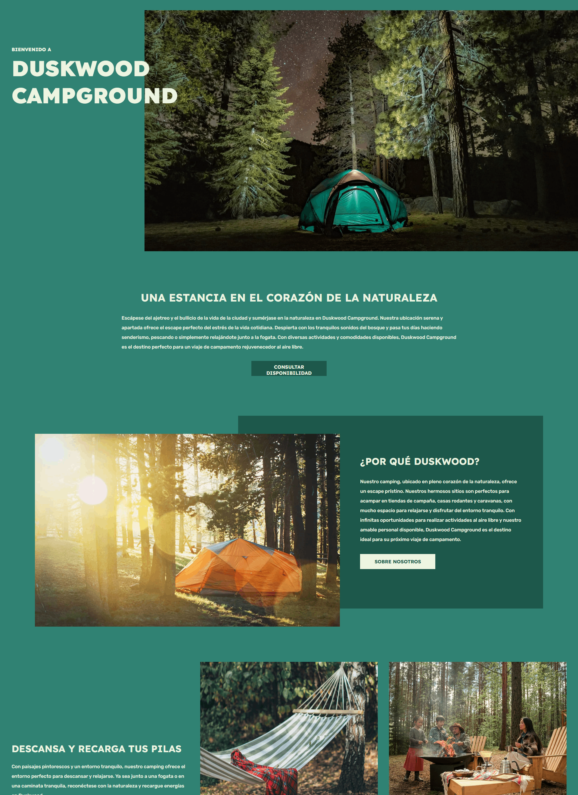 A green website depicting a campground property with a tent in a forest.