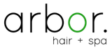 Arbor hair + spa logo. "o" in Arbor is green. Text is black with "hair + spa" in lowercase.