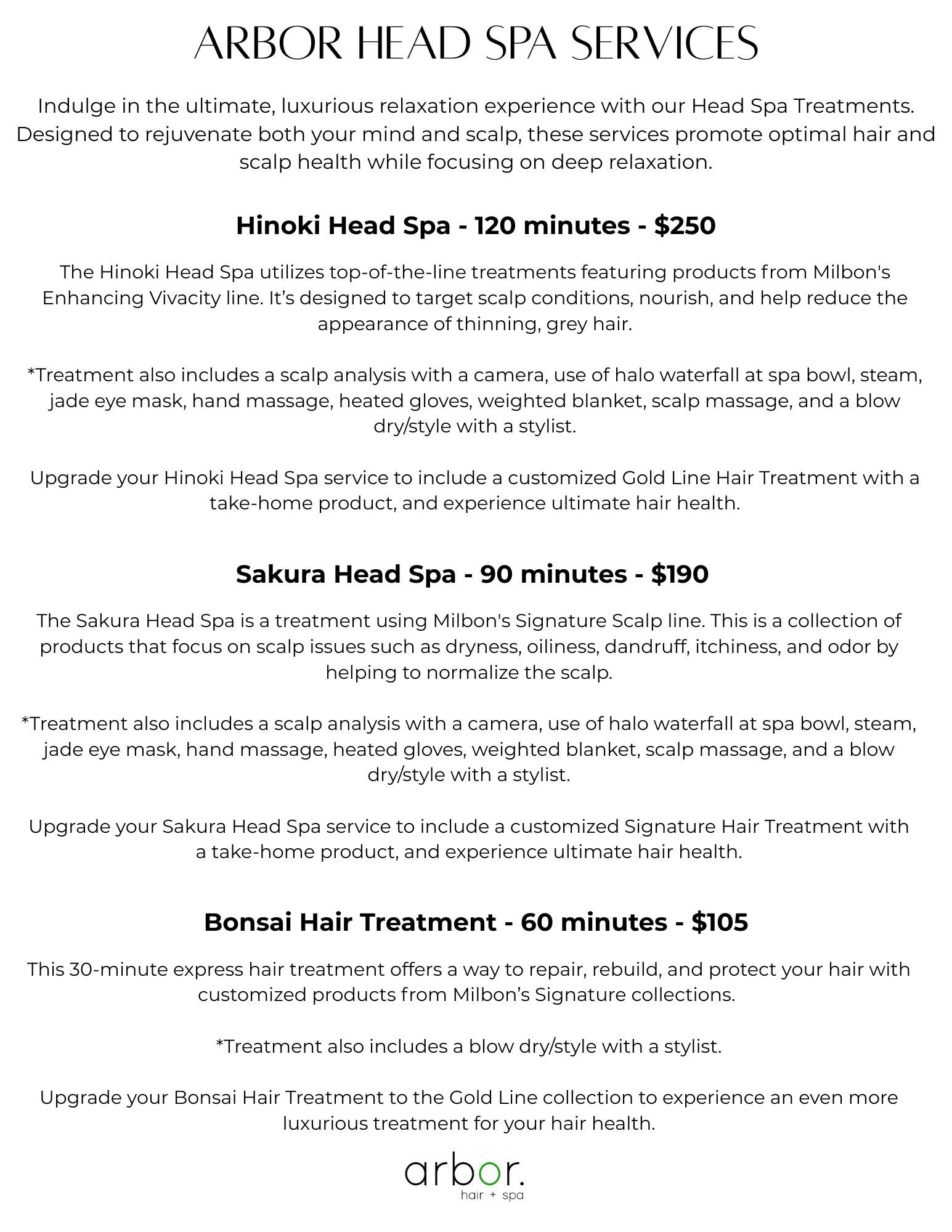 Arbor Head Spa services menu, listing the 120-minute Hinoki, 90-minute Sakura, and 60-minute Bonsai hair treatment options.