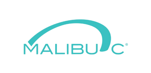 Logo for Malibu C hair products: teal arc over the brand name in teal letters.