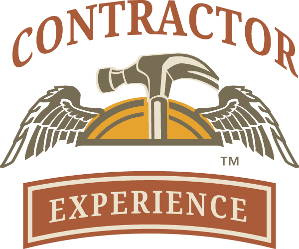 A contractor experience logo with a hammer and wings