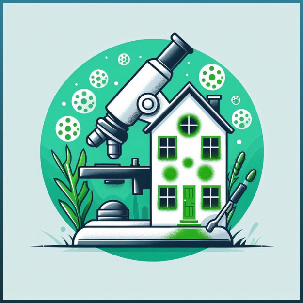 An illustration of a house with a microscope in front of it.