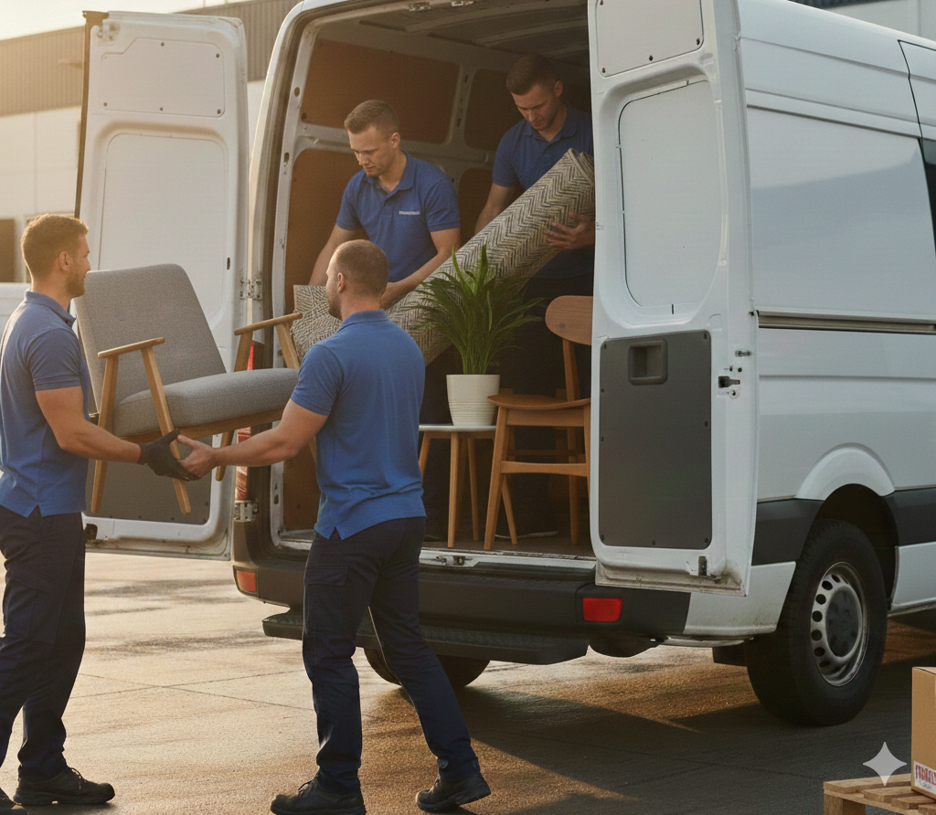 fattorini che caricano mobili su un furgone