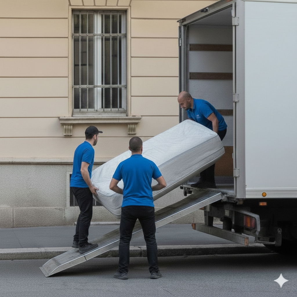 Tre traslocatori caricano un materasso su un camion utilizzando una rampa; indossano camicie blu e pantaloni neri.
