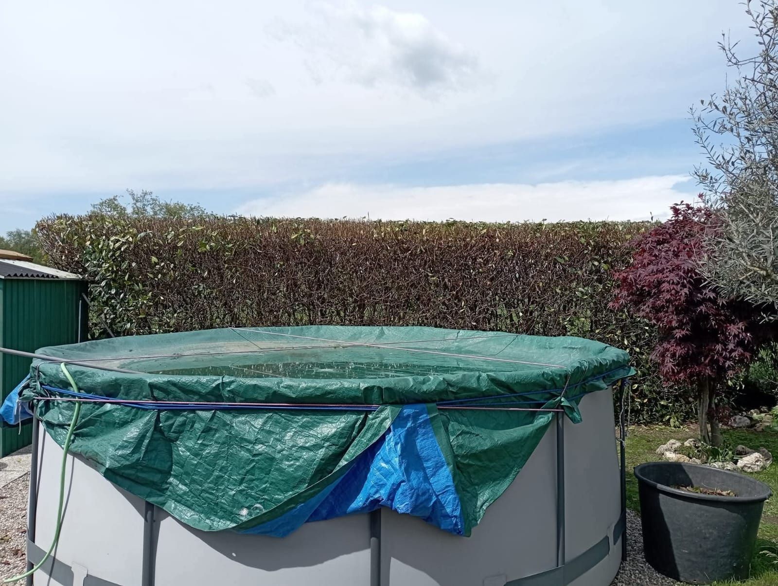Piscina fuori terra coperta da un telo verde, con sfondo una siepe e un cielo nuvoloso.