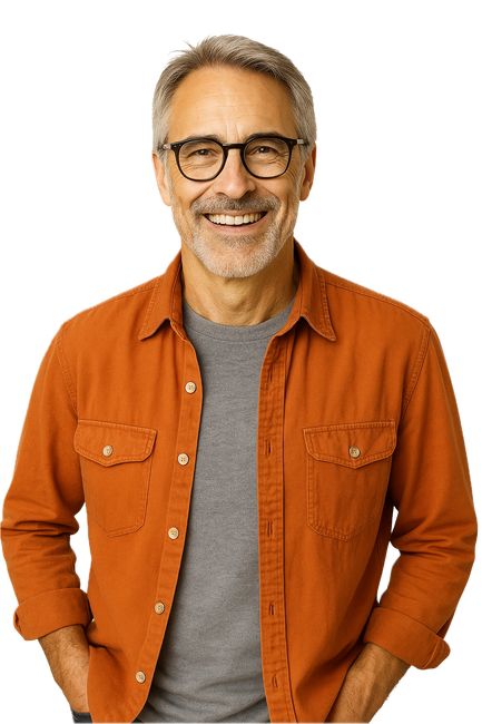 Man in orange shirt and glasses smiling, hands in pockets.