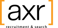 Logo for AXR Recruitment & Search, black text within orange brackets.