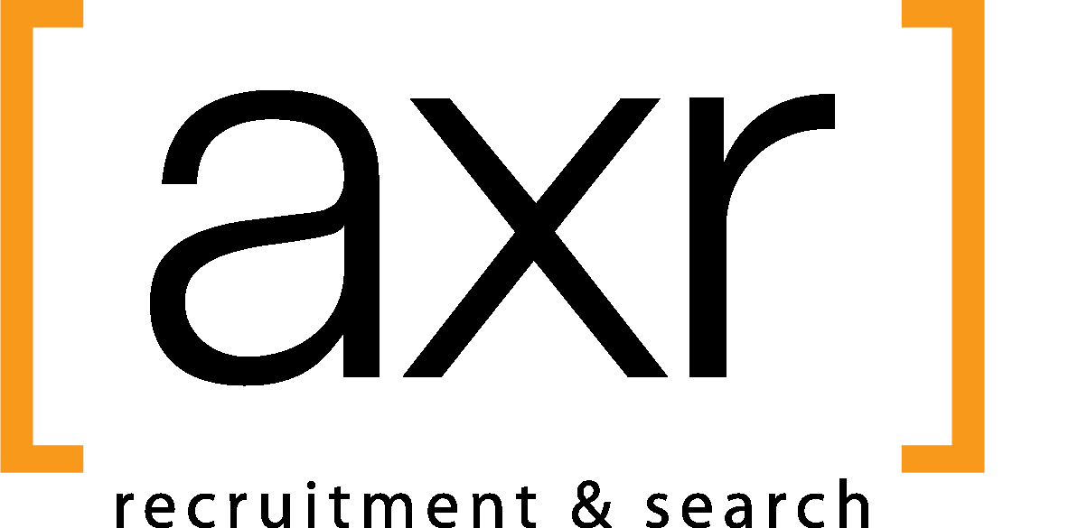 Logo for AXR Recruitment & Search, black text within orange brackets.