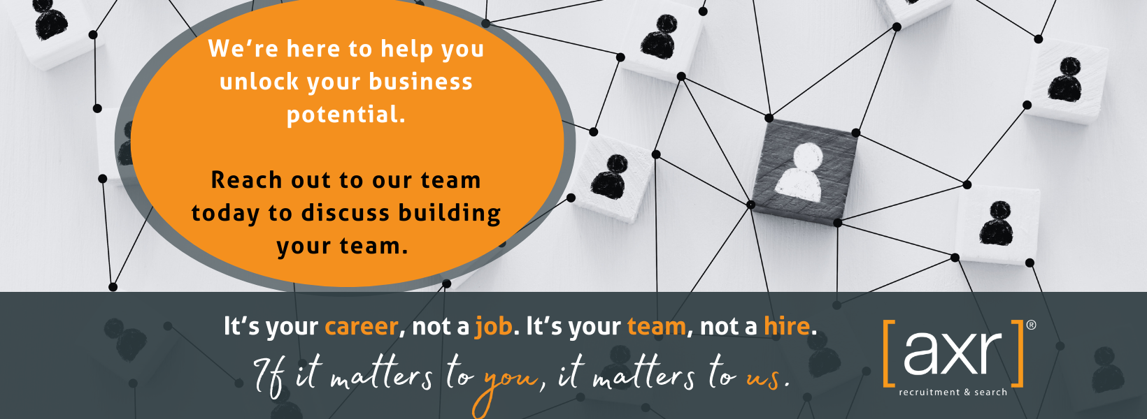 Banner ad: Orange oval with text. White blocks with linked silhouettes. A logo with the text 