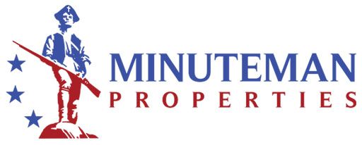 Logo for Minuteman Properties featuring a blue and red illustration of a minuteman with three stars, next to company text.