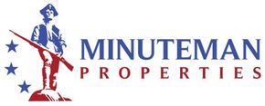 Logo for Minuteman Properties featuring a blue and red illustration of a minuteman with three stars, next to company text.