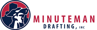 Logo for Minuteman Drafting, Inc., featuring a circular icon with a blue silhouette of a minuteman against a red background.