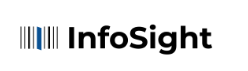 The InfoSight logo featuring a black barcode-style icon with one blue vertical line next to the black text 