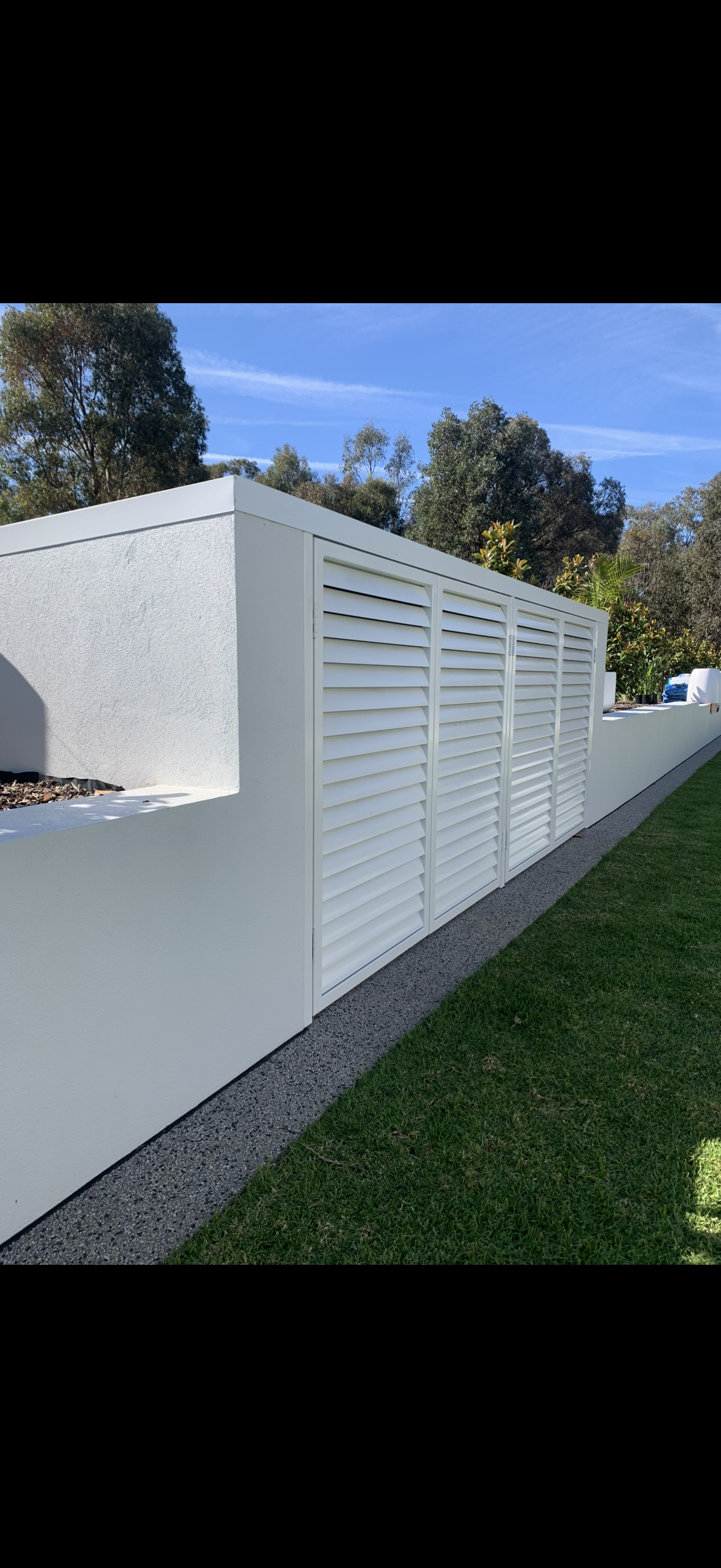 The shadow of a palm tree is cast on a window with shutters.
