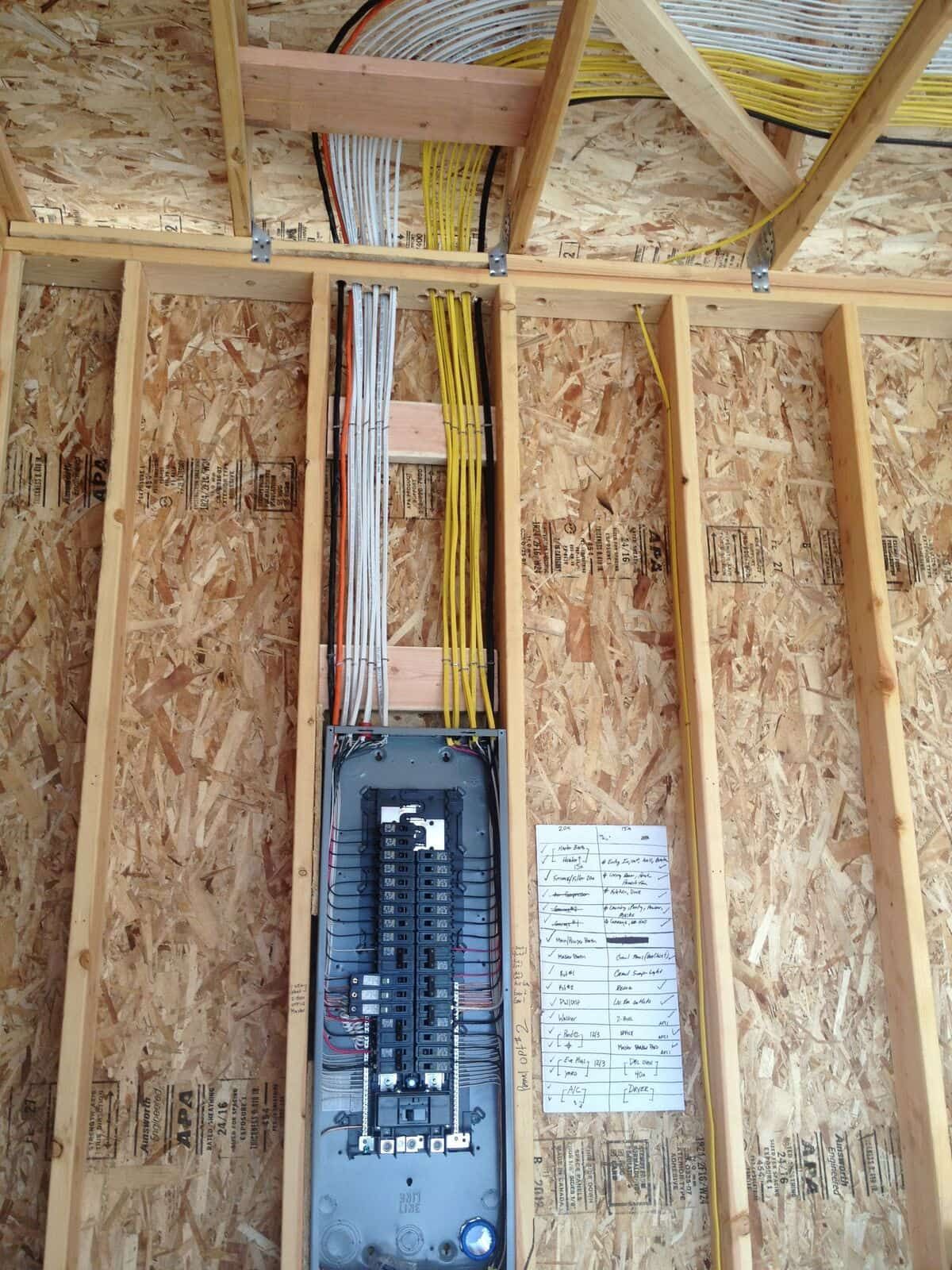 A wooden wall with electrical wires coming out of it.