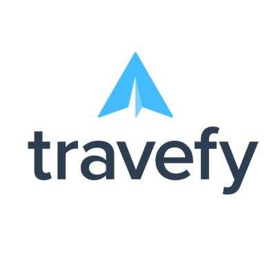The travely logo has a blue paper airplane on it.