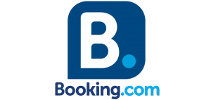 A blue and white booking.com logo on a white background