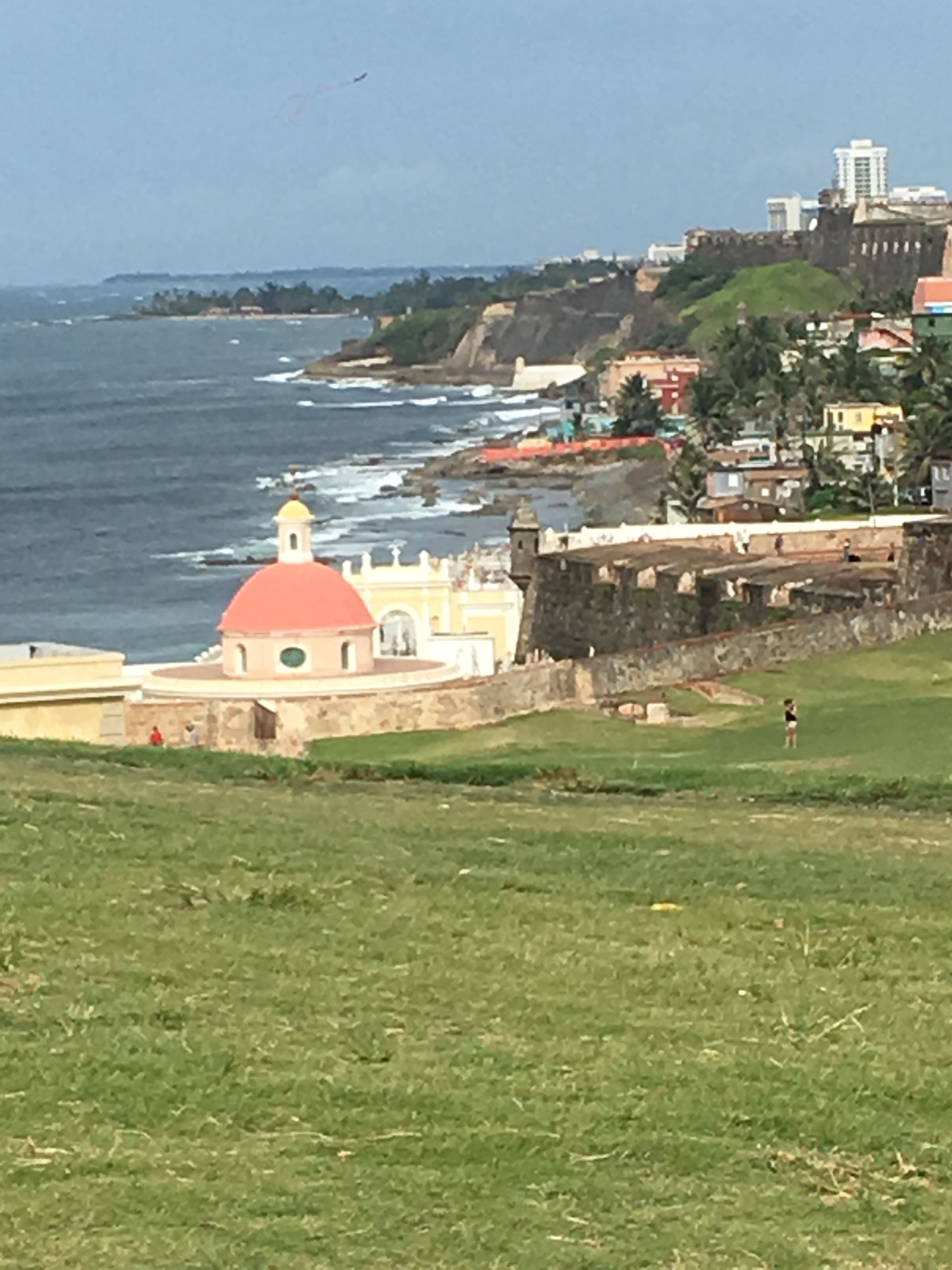 A view of a city from a hill overlooking the ocean.
