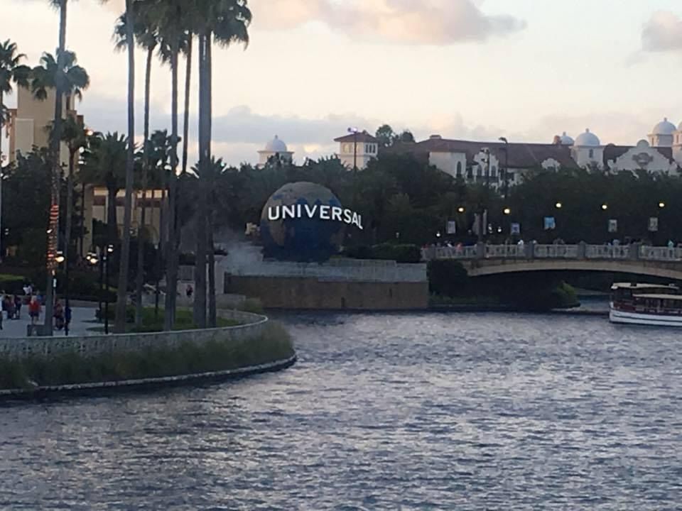 A view of universal studios from across the water