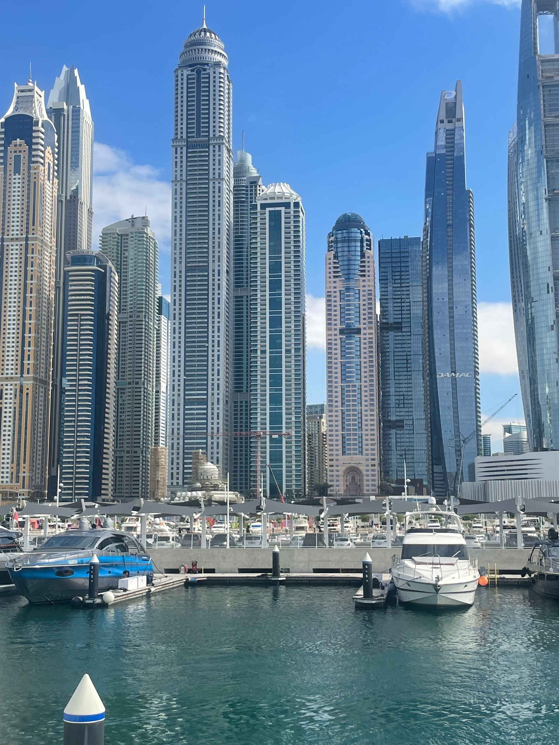 Boats are docked in a harbor with tall buildings in the background