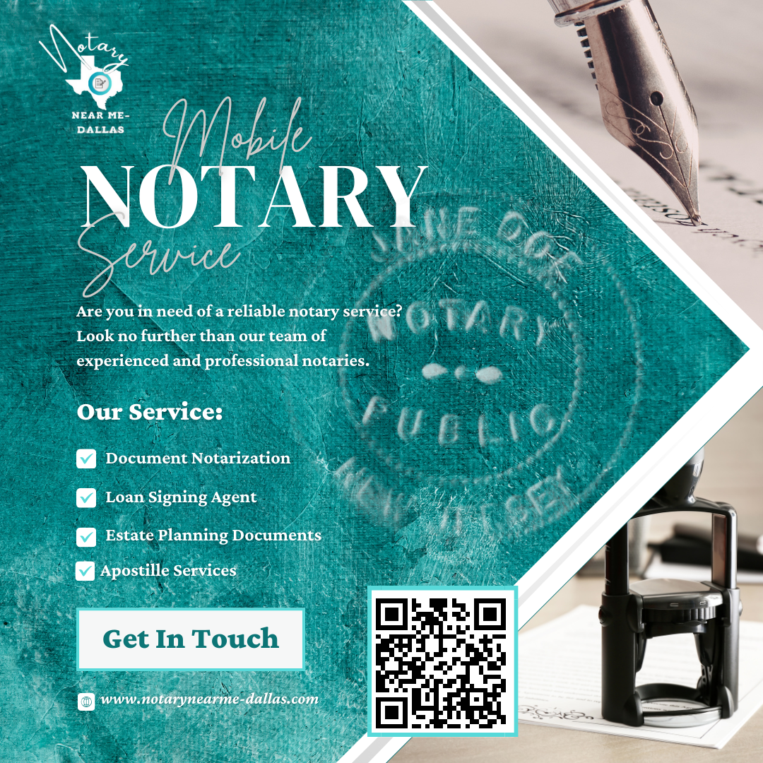 An advertisement for a mobile notary service with a qr code