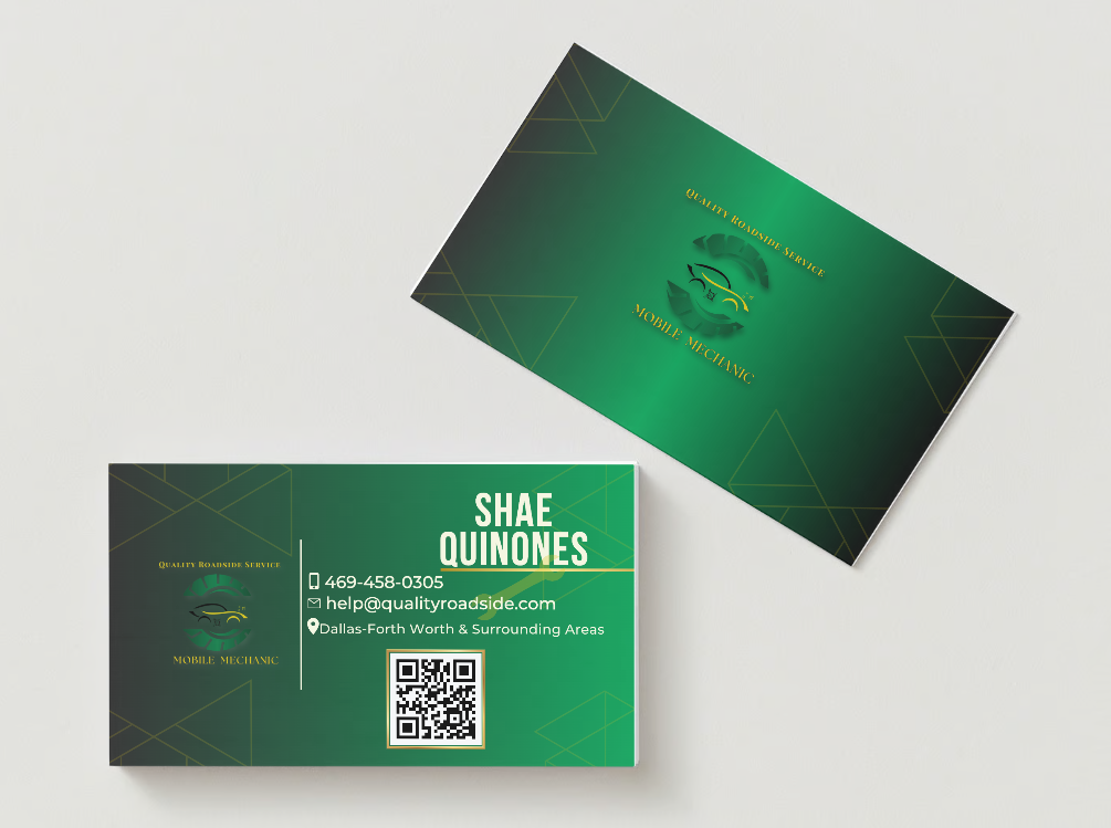 A green business card with shae quimones on it