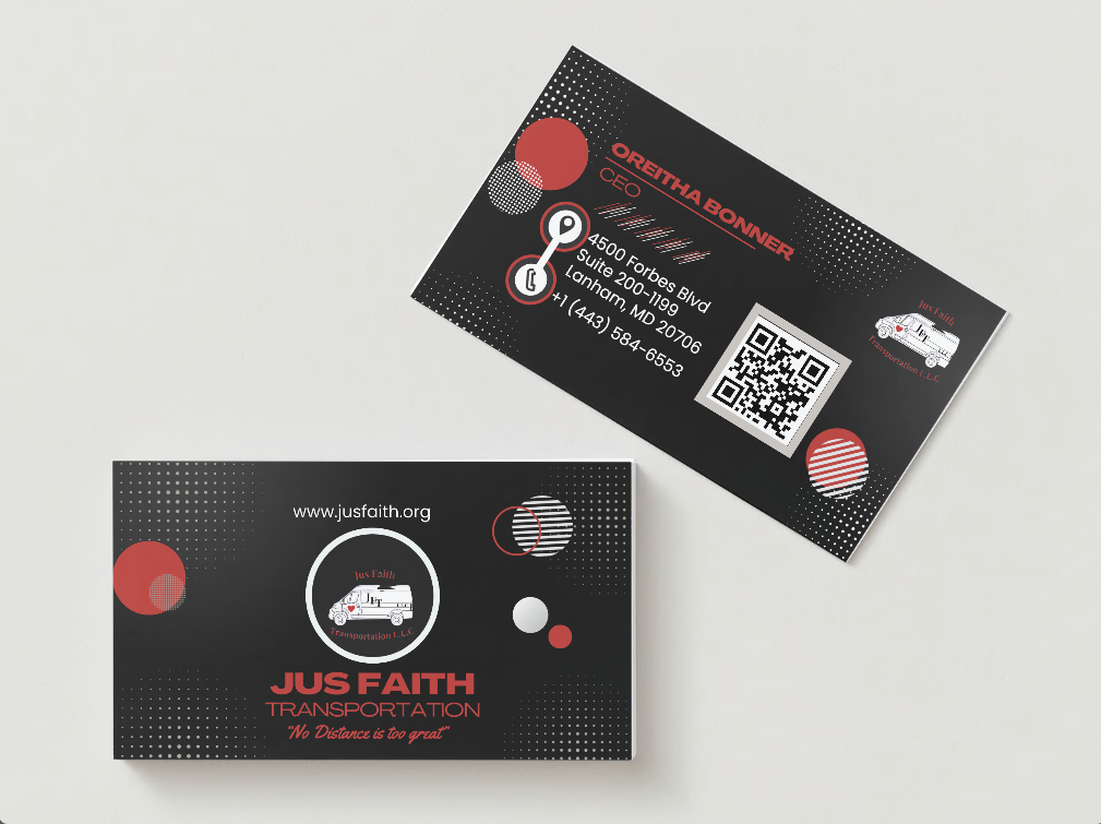 A business card for a company called jus faith