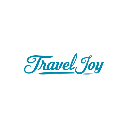 A blue logo for travel joy on a white background.