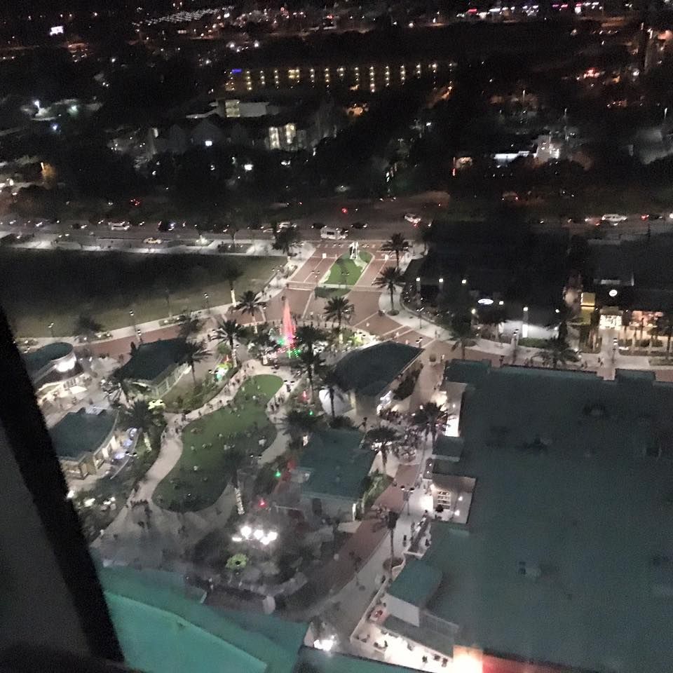 An aerial view of a city at night