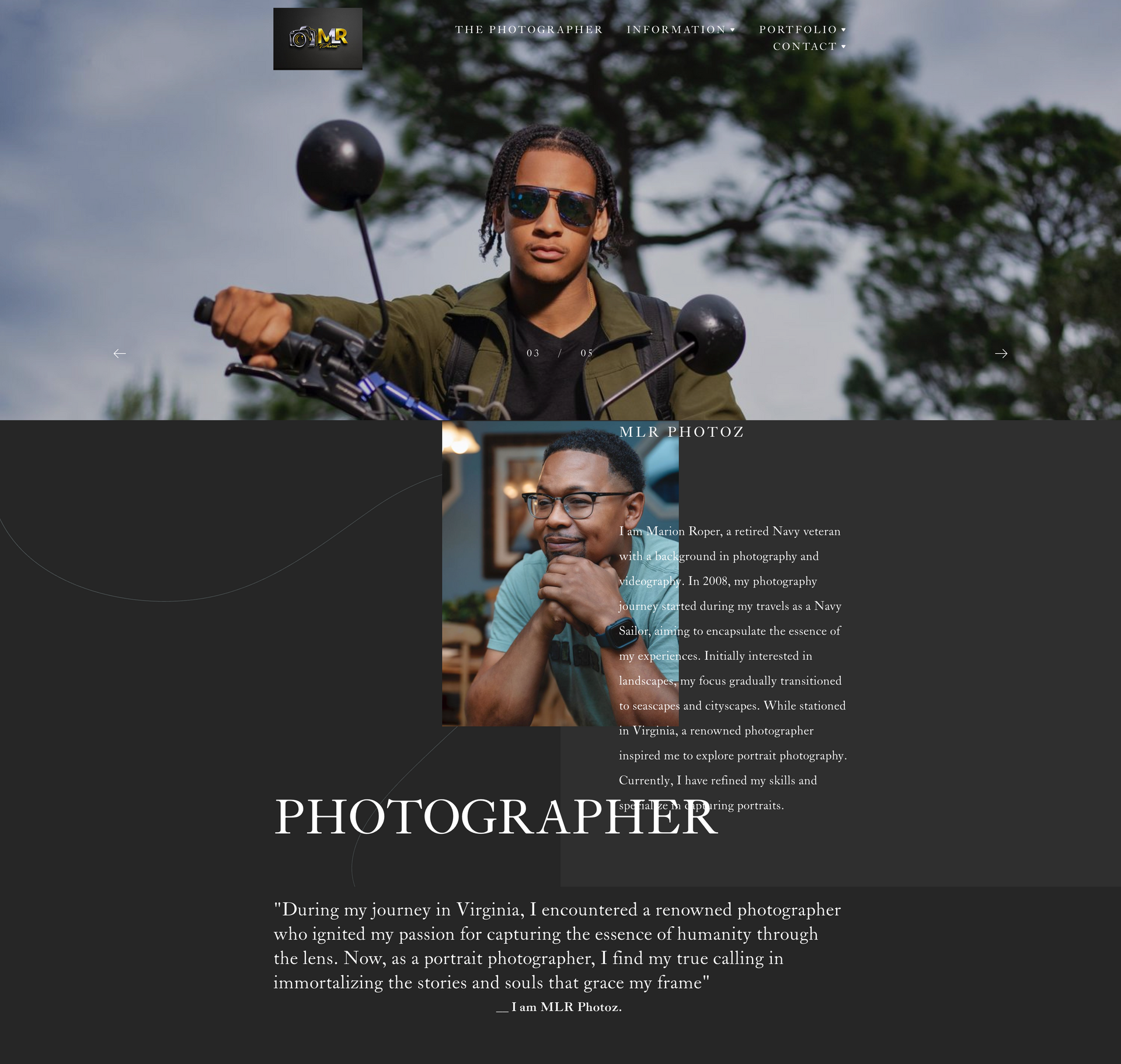 A man wearing sunglasses is riding a motorcycle on a website for a photographer