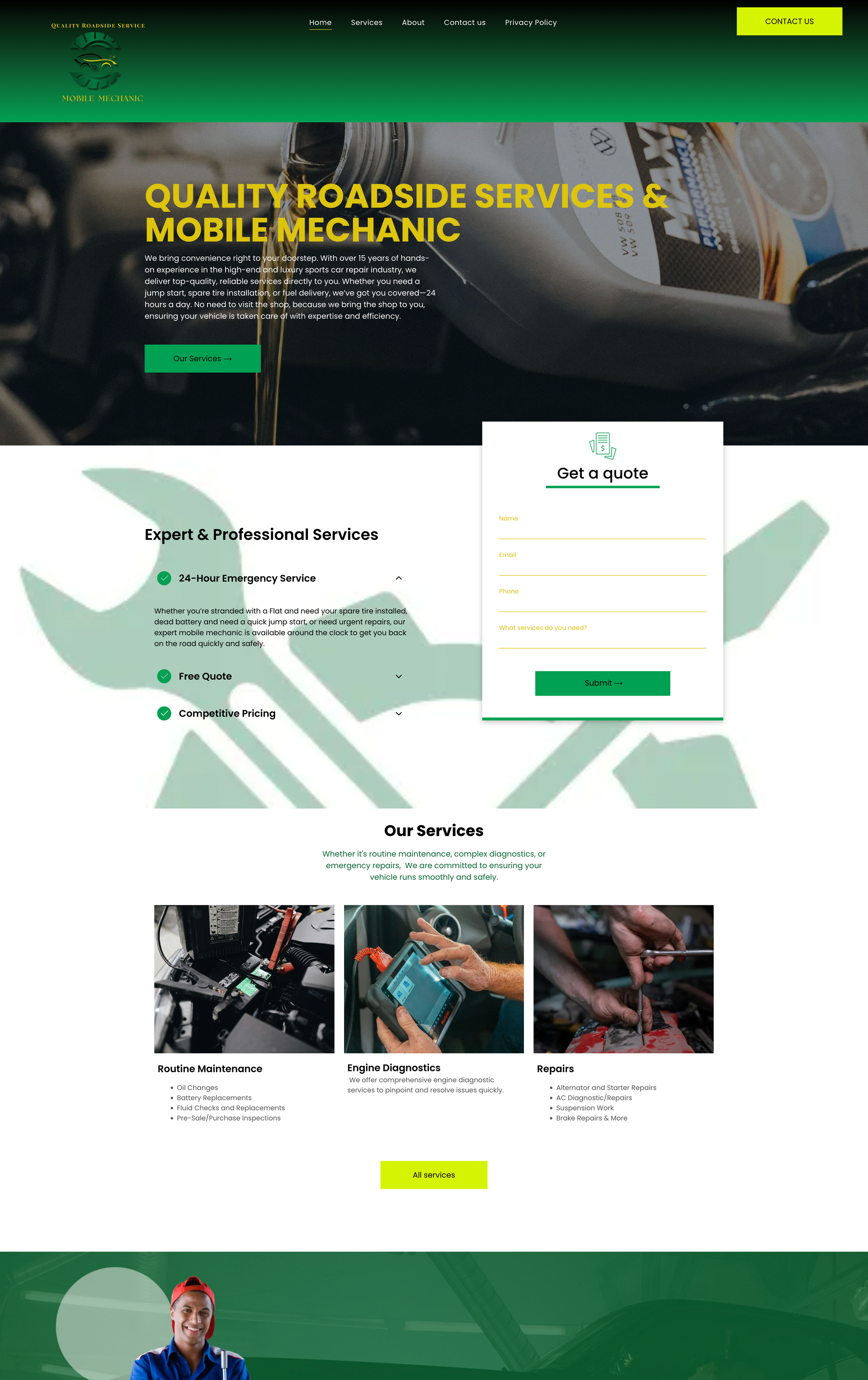 A landing page for a company called quality roadside services and mobile mechanic.