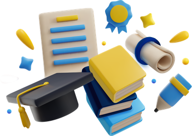 Uma ilustração 3D de um chapéu de formatura, livros, um diploma e um lápis.