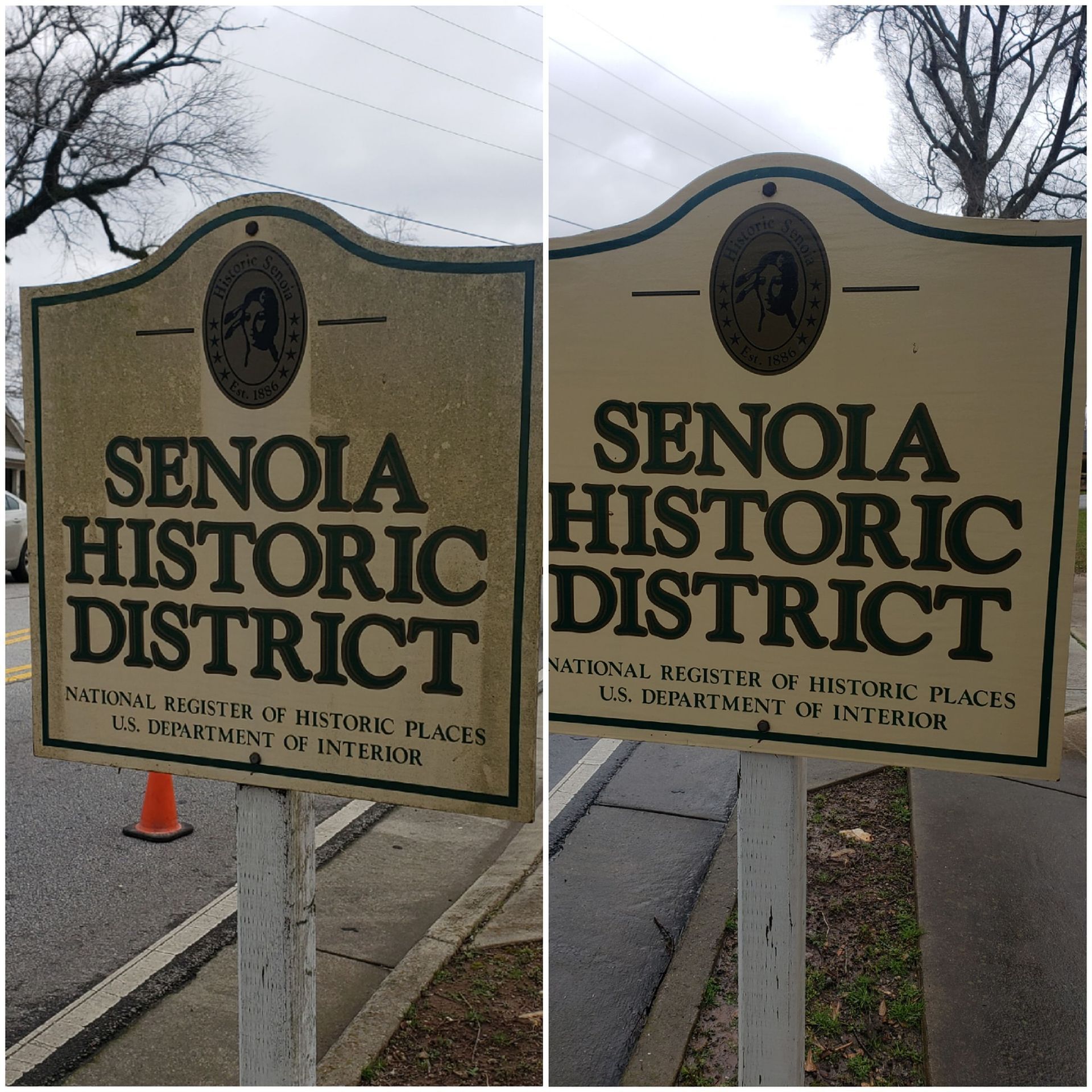Senola Historic District sign in Georgia, beige and brown, near a road.