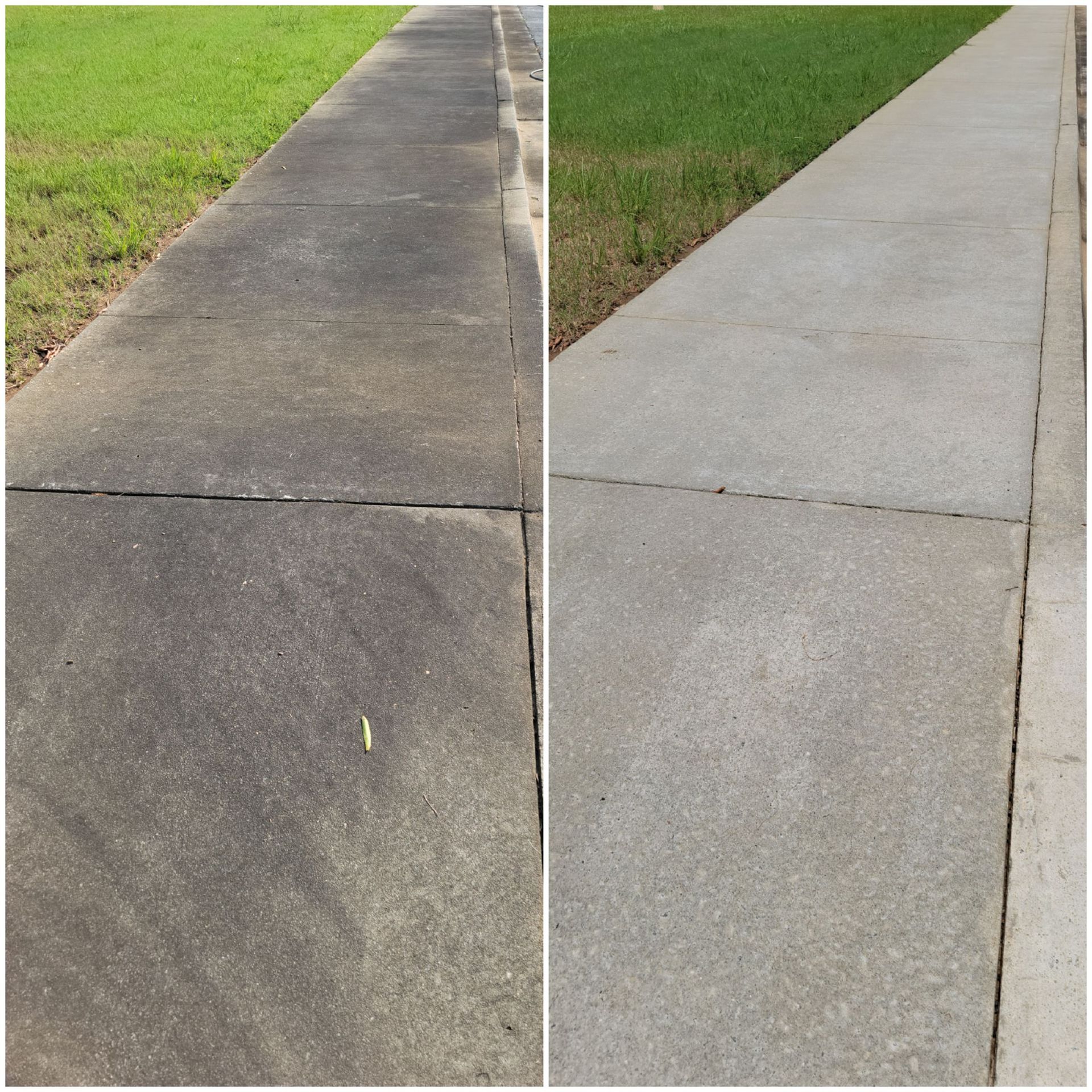 A before-and-after shot of a sidewalk: left side is dirty; right side is cleaned.