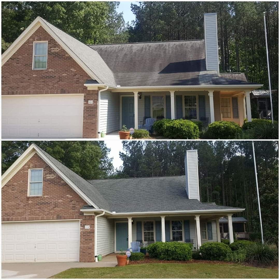 Top: House roof before cleaning, dark and dirty. Bottom: Same roof after cleaning, much lighter and cleaner.