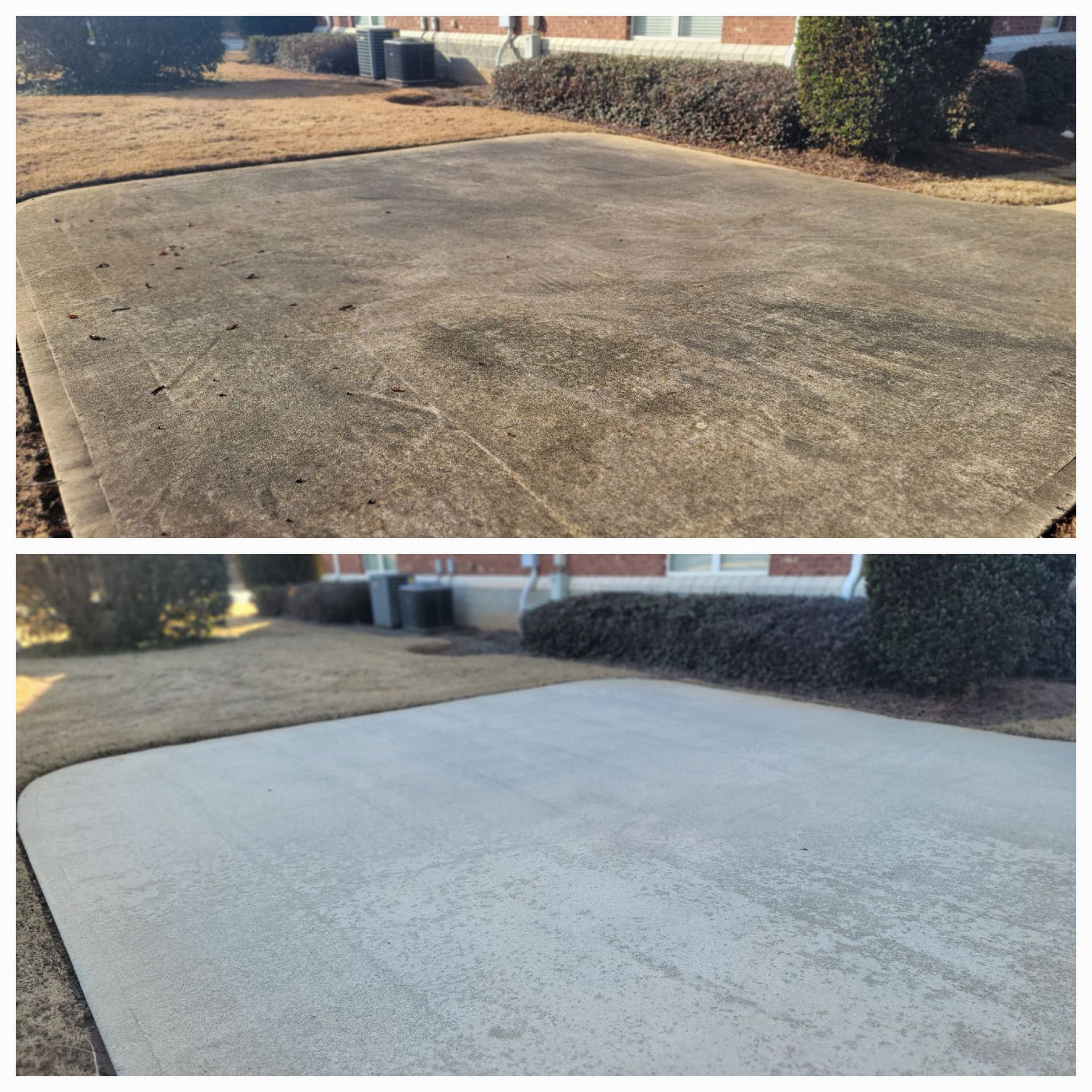 Top: dirty concrete driveway. Bottom: clean concrete driveway.